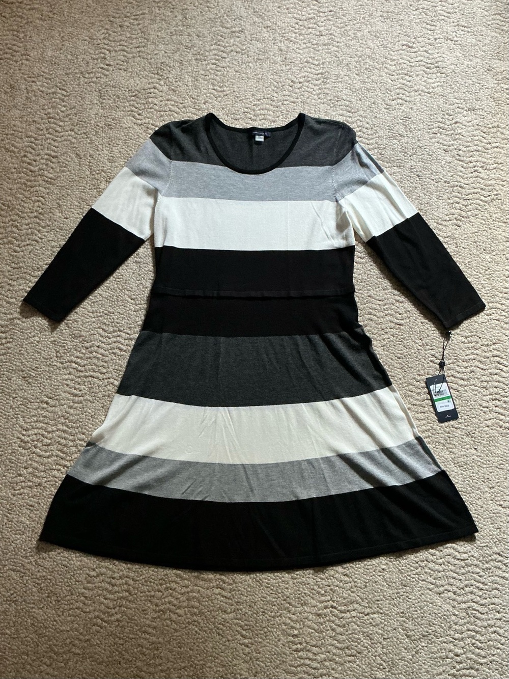 NWT Tommy Hilfiger Black, White & Gray 3/4-Sleeve Striped A-Line Dress